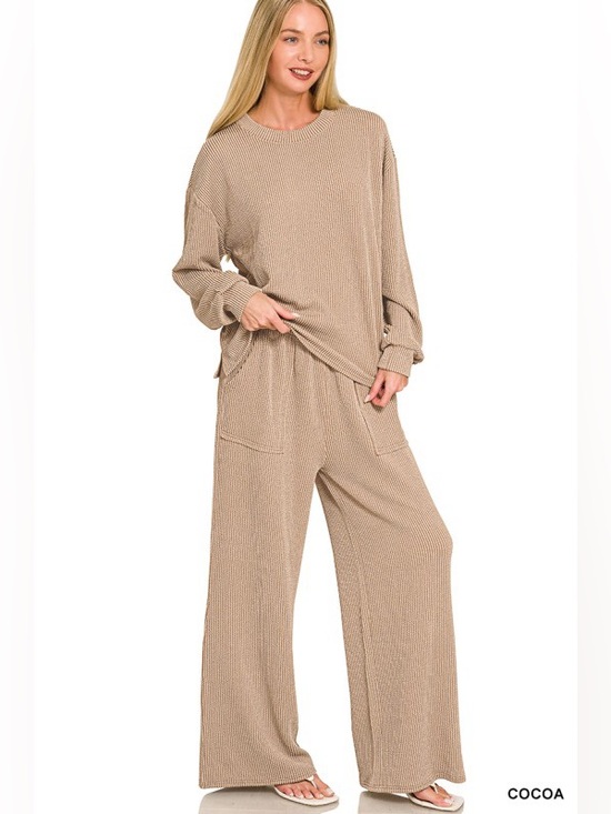 Zenana Outfitters Pants - 116 NWT Zenana 2pc Cocoa Raised Rib Round Neck Pullover & Pants Set